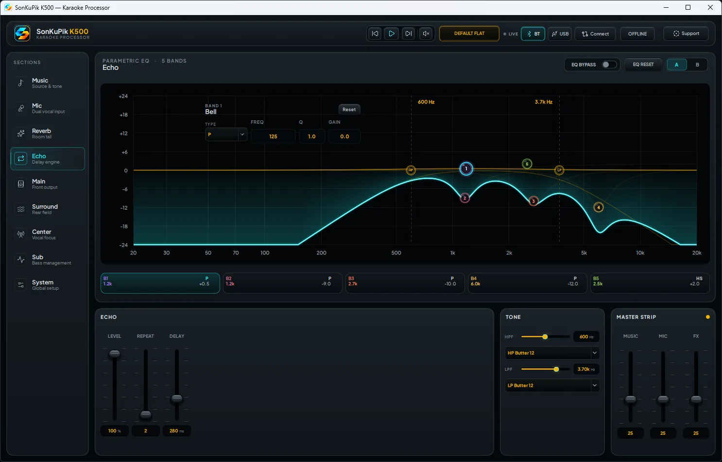 Vocal echo and delay section