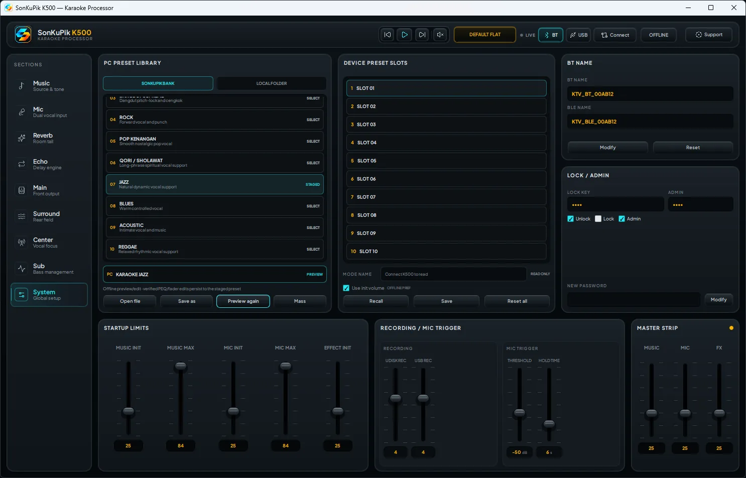 System and preset management section
